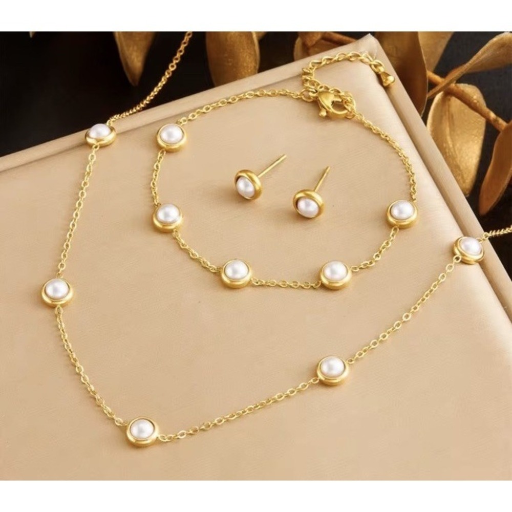 (..3.19)18k Gold Plated Stainless Steel circular Imitation of pearls Jewelry Set